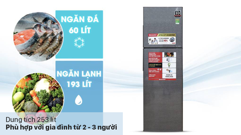 Tủ lạnh Sharp Inverter 253 lít SJ-X281E-DS - Dung tích 253 lít, phù hợp cho gia đình từ 2 - 3 người